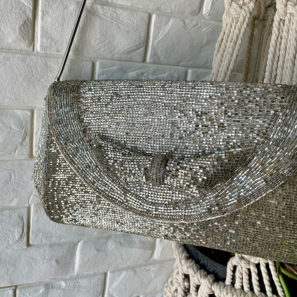 Vintage Sparkly Silver Hand-Beaded Bow Shoulder Bag Evening Purse - Picture 7 of 10